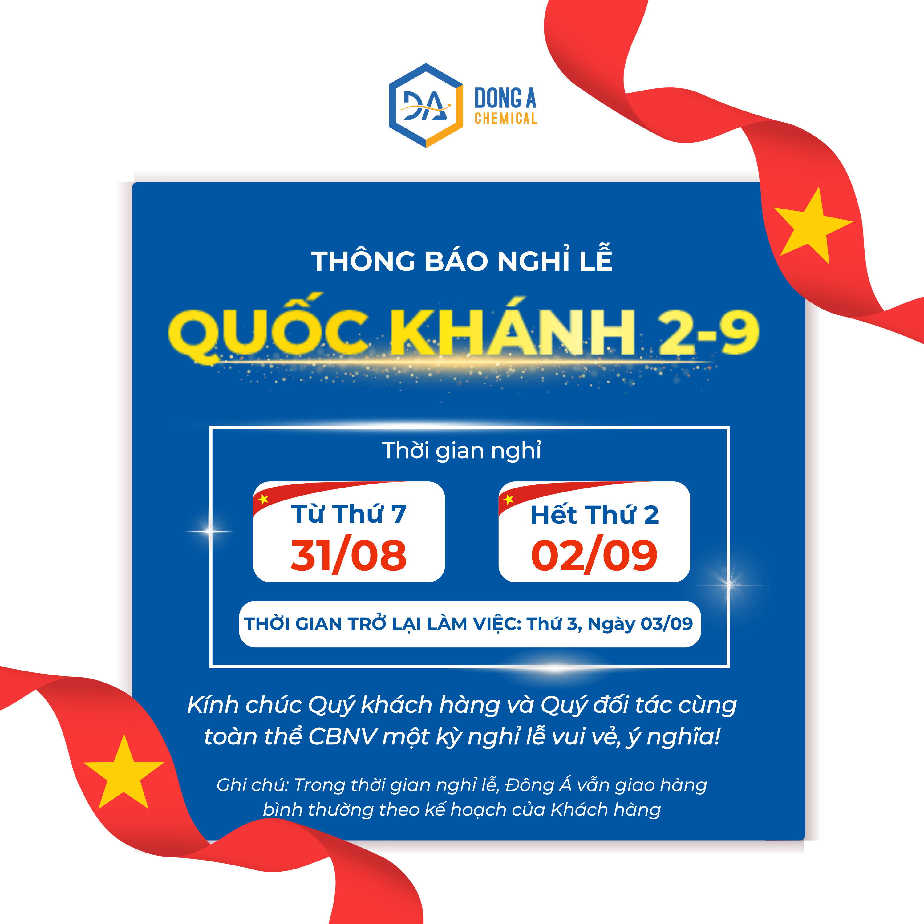 THÔNG BÁO LỊCH NGHỈ LỄ QUỐC KHÁNH 2/9